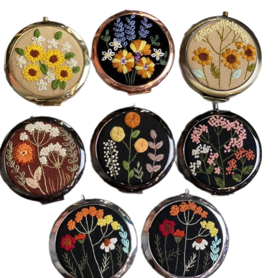Håndbroderte speilblomster